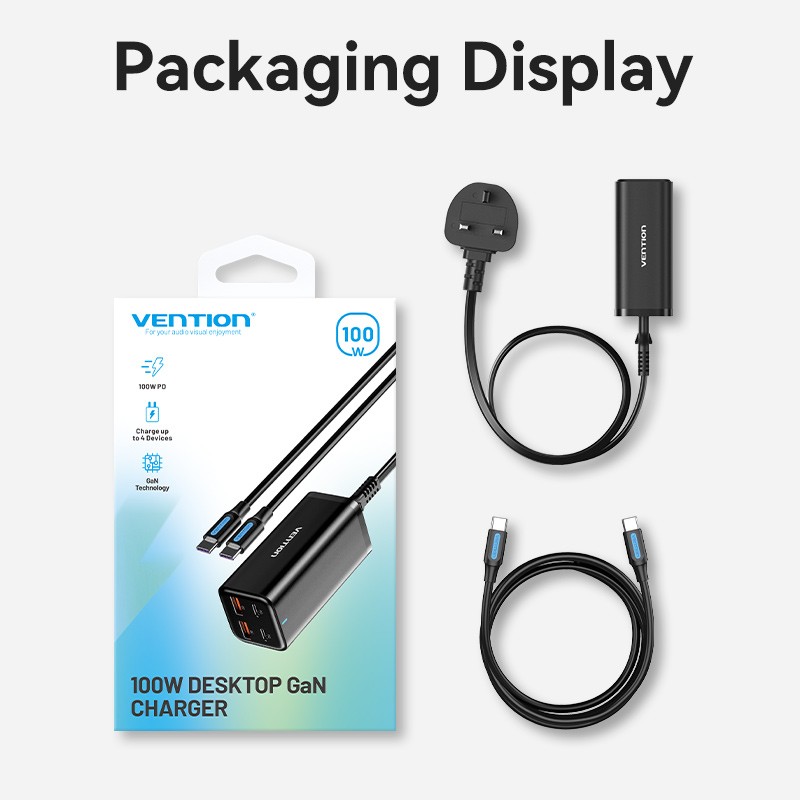 Vention Charger Desktop Station 100W 2xC 2xA+240W Cable Black - FBSBG-UK - 100W 2xC 2xA+240W Cable Black