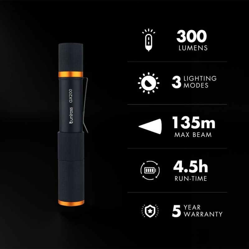 Uniross USB Rechargeable Torch - GX200 - IP44 Waterproof Aluminium 300 lumens 135m Beam — Buy in Cyprus with Fast Delivery