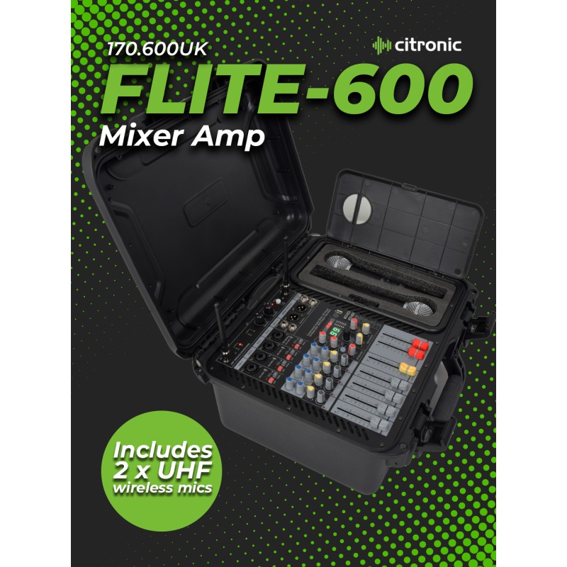 Citronic FLITE-600 Portable Amplified Mixer - 170.600UK - Portable Amplified Mixer 600W with 2xUHF Mics & DSP