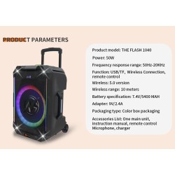 N-Gear Karaoke Speaker - FLASH1040 - 10'' Portable Karaoke Speaker with 1x Wireless Mic LED Lights USB & BT