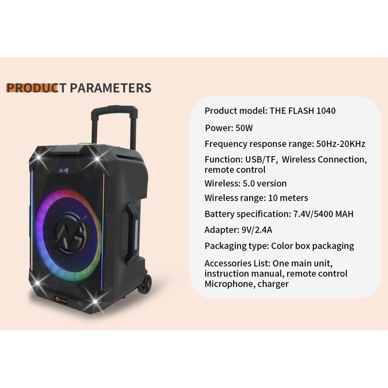 N-Gear Karaoke Speaker - FLASH1040 - 10'' Portable Karaoke Speaker with 1x Wireless Mic LED Lights USB & BT