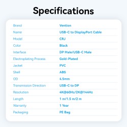 Vention Converter USB-C to DisplayPort Cable - CRJBF - USB-C to DisplayPort Cable 4K60Hz 1.0m