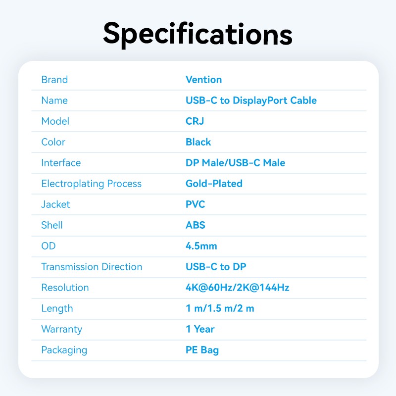 Vention Converter USB-C to DisplayPort Cable - CRJBF - USB-C to DisplayPort Cable 4K60Hz 1.0m