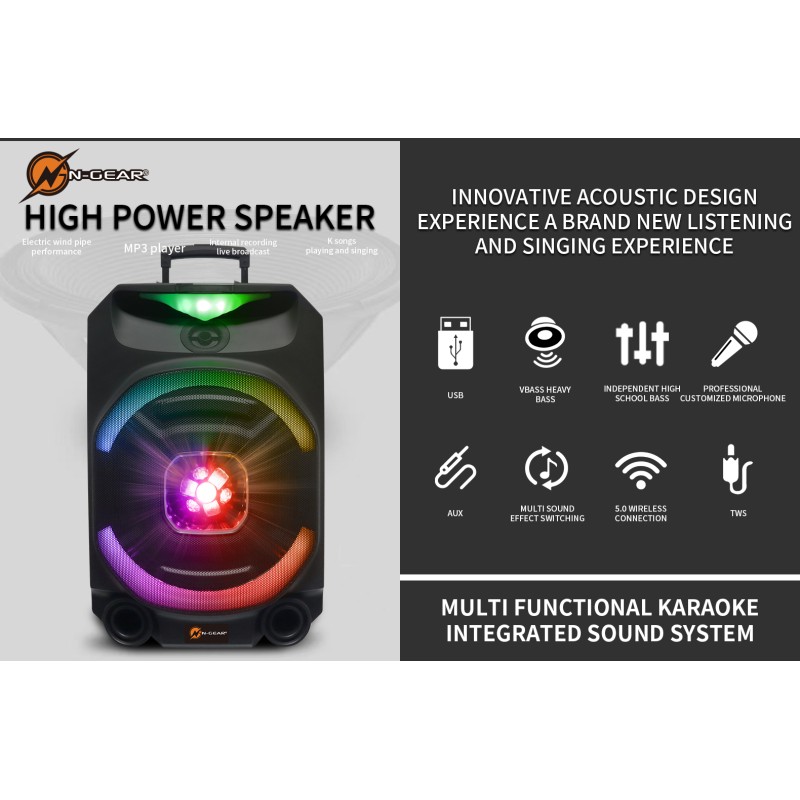 N-Gear - FLASH1550 - 15'' Portable Karaoke Disco Speaker with Wireless Mic BT USB & LED Effects