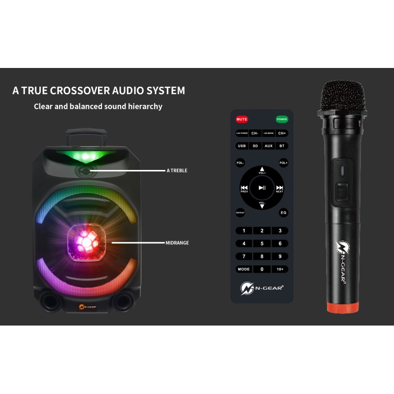 N-Gear - FLASH1550 - 15'' Portable Karaoke Disco Speaker with Wireless Mic BT USB & LED Effects