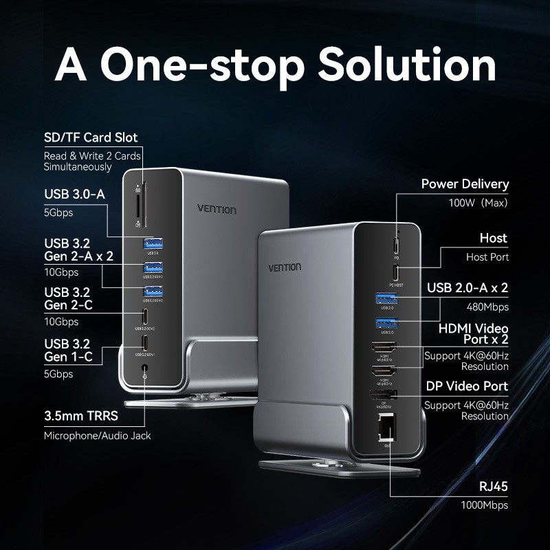 Vention HUB USB-C 8xUSB 2xHDMI DP MST RJ45 SD 3.5mm PD - TPUH0 -  — Buy in Cyprus with Fast Delivery