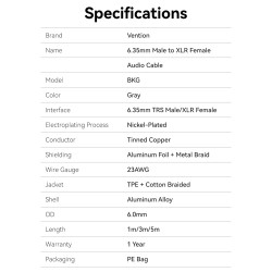 Vention Audio Cable - BKGHF - 6.3mm to XLR M-F Cable Braided-Metal 1.0m — Buy in Cyprus with Fast Delivery