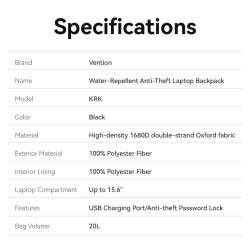 Vention Backpack - KRKB0 - 15.6'' Water-Repellent USB Charge & Lock Black — Buy in Cyprus with Fast Delivery