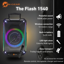 N-Gear Portable Karaoke Speaker - FLASH1540 - 15'' Portable Karaoke Speaker with 1x Wireless Mic LED Lights USB & BT