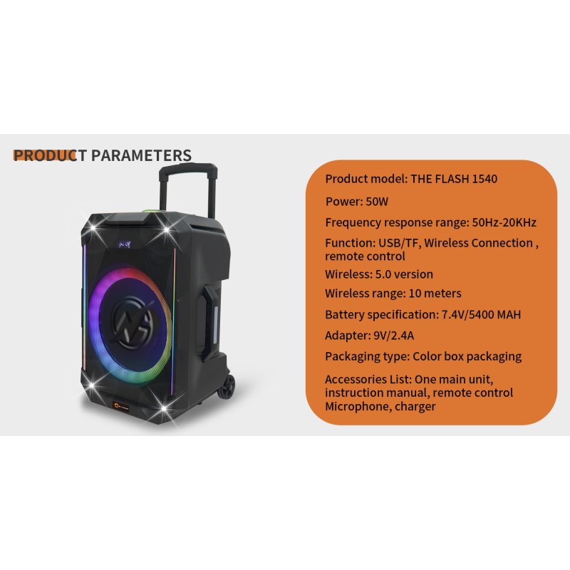 N-Gear Portable Karaoke Speaker - FLASH1540 - 15'' Portable Karaoke Speaker with 1x Wireless Mic LED Lights USB & BT
