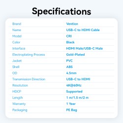 Vention Converter USB-C to HDMI Cable 4K60Hz 1.5m - CRIBG -  — Buy in Cyprus with Fast Delivery