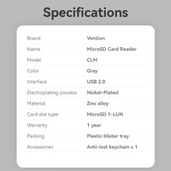 Vention Metal USB-C Card Reader for Micro SD Cards - CLMH0 - Metal USB-C Card Reader for Micro SD Cards