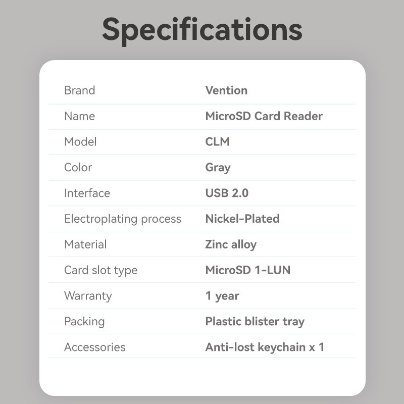 Vention Metal USB-C Card Reader for Micro SD Cards - CLMH0 - Metal USB-C Card Reader for Micro SD Cards