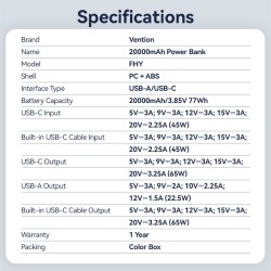 Vention Powerbank - FHYB0 - Powerbank 20000mAh 65W Built-in USB-C — Buy in Cyprus with Fast Delivery