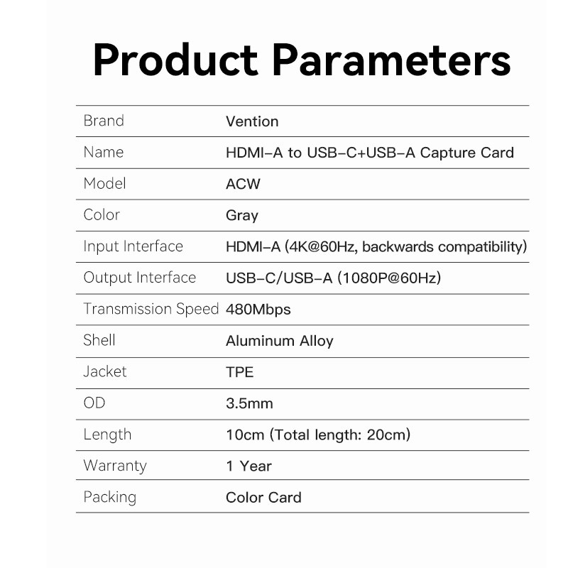 Vention Converter USB-C to HDMI Video Capture Card - ACWHA - USB-C to HDMI Video Capture Card