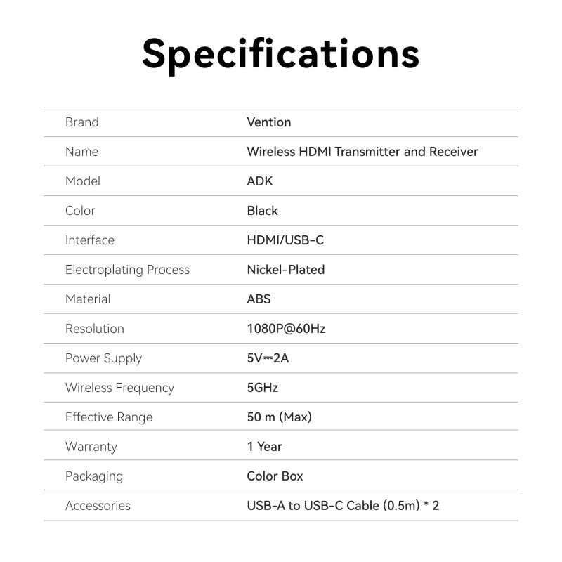 Vention HDMI Wireless Transmitter and Receiver - ADKB0 - HDMI Wireless Transmitter and Receiver Black