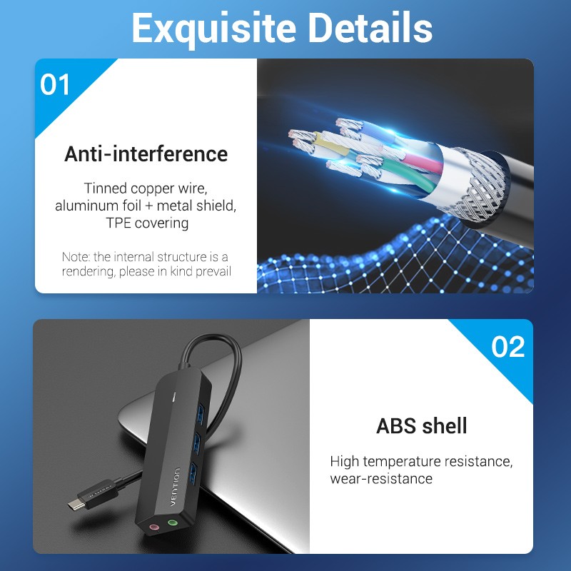 Vention HUB USB-C 3 x USB3.0 Micro-B Stereo Sound 0.15m - TGQBB - USB-C 3 x USB3.0 Micro-B Stereo Sound 0.15m