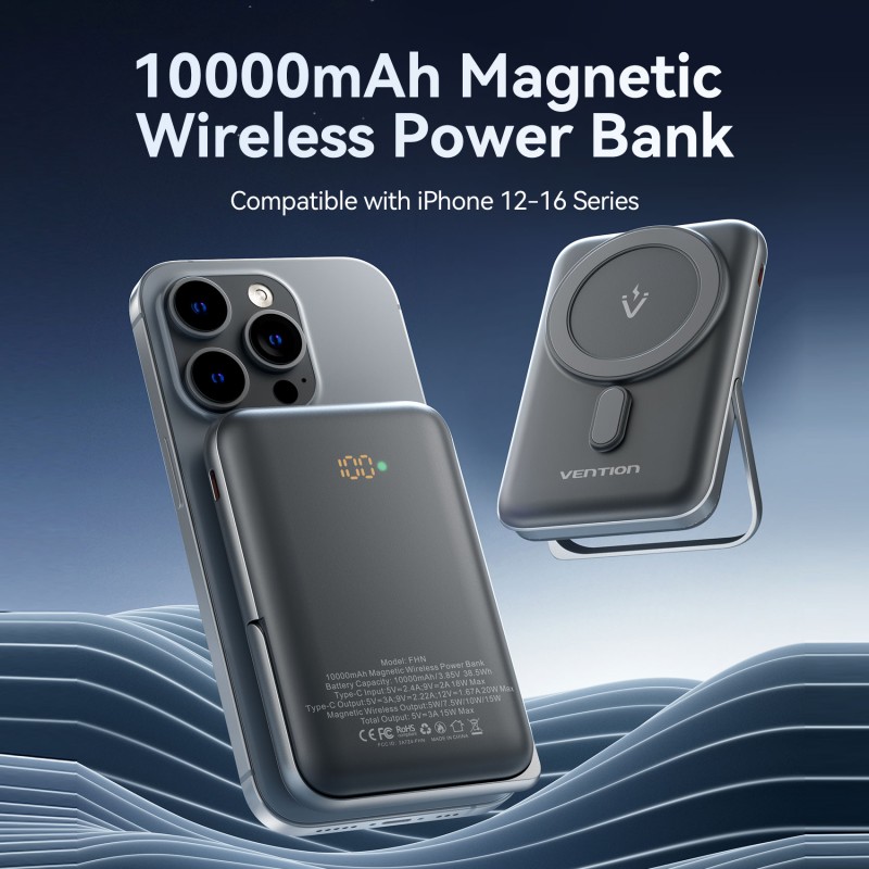 Vention Powerbank Wireless Magnetic 10000mAh 20W - FHNB0 - with Stand Black — Buy in Cyprus with Fast Delivery
