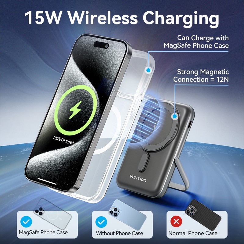 Vention Powerbank Wireless Magnetic 10000mAh 20W - FHNB0 - with Stand Black — Buy in Cyprus with Fast Delivery