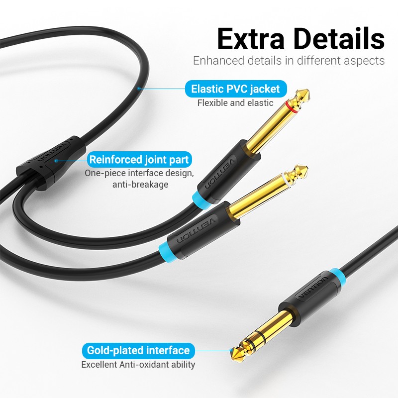 Vention AUDIO 6.3mm M to 2x6.3mm M TRS Cable 5.0m - BATBJ - 6.3mm M to 2x6.3mm M TRS Cable 5.0m