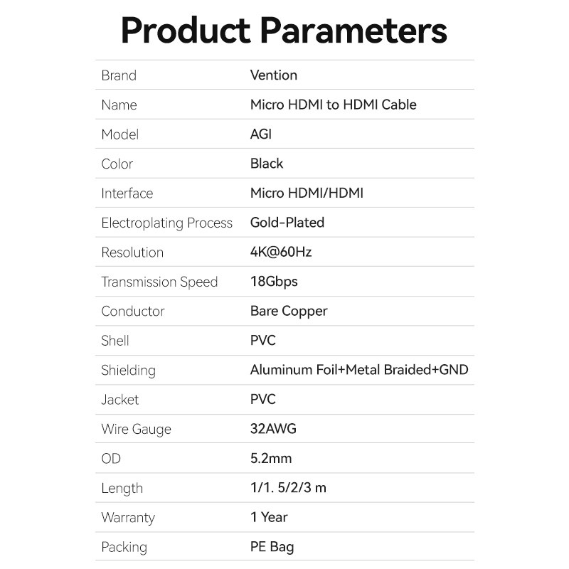 Vention HDMI to HDMI Micro Cable - AGIBG - HDMI to HDMI Micro Cable 1.5m — Buy in Cyprus with Fast Delivery
