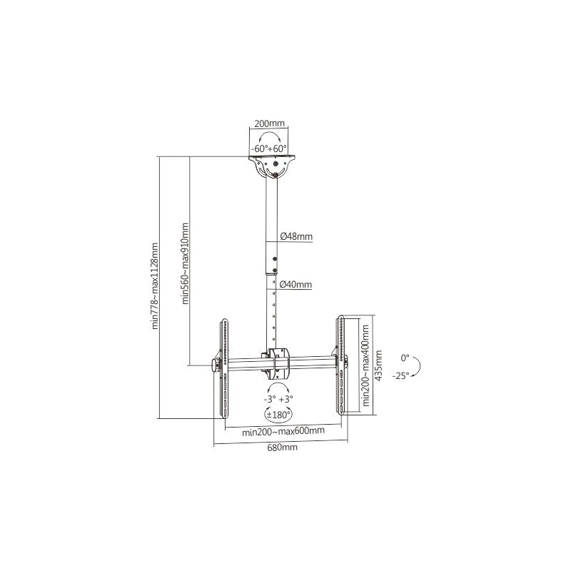 Brateck TV Ceiling Mount 60x40 50kg 56-91cm - PLB-CE946-01S - Brateck TV Ceiling Mount 60x40 50kg 56-91cm
