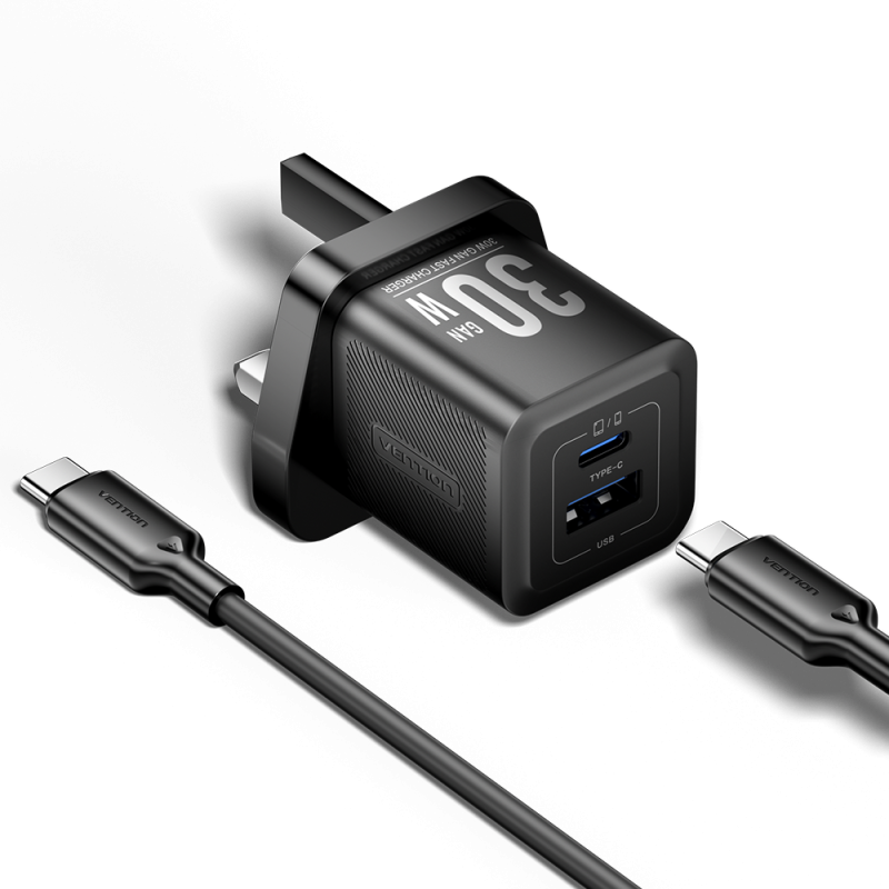 Vention Charger Wall GaN 30W 1xA 1xC+USBC Cable Black - TZ-FEQB0-UK-01 - 1xA 1xC+USBC Cable — Buy in Cyprus with Fast Delivery