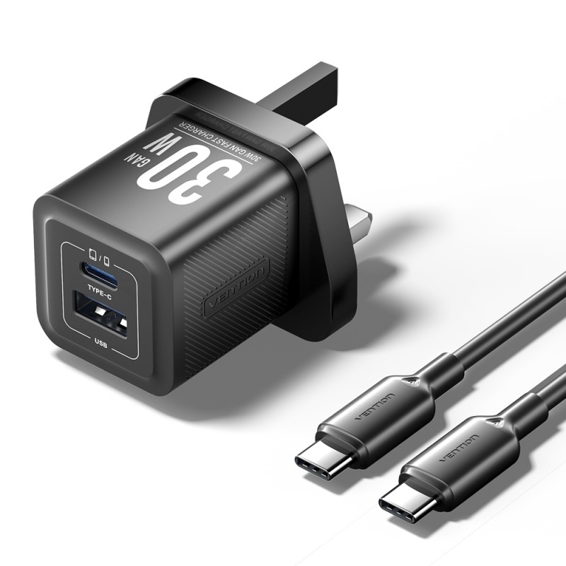 Vention Charger Wall GaN 30W 1xA 1xC+USBC Cable Black - TZ-FEQB0-UK-01 - 1xA 1xC+USBC Cable — Buy in Cyprus with Fast Delivery