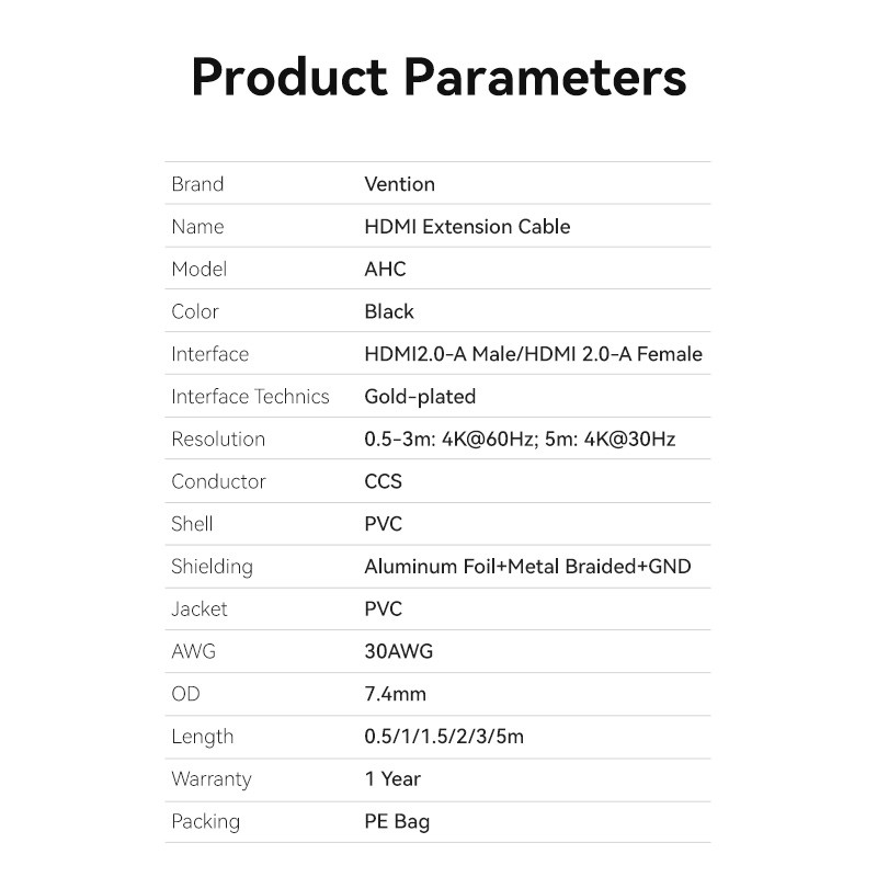 Vention HDMI Cable - AHCBJ - 2.0 M-F Extension 5.0m — Buy in Cyprus with Fast Delivery