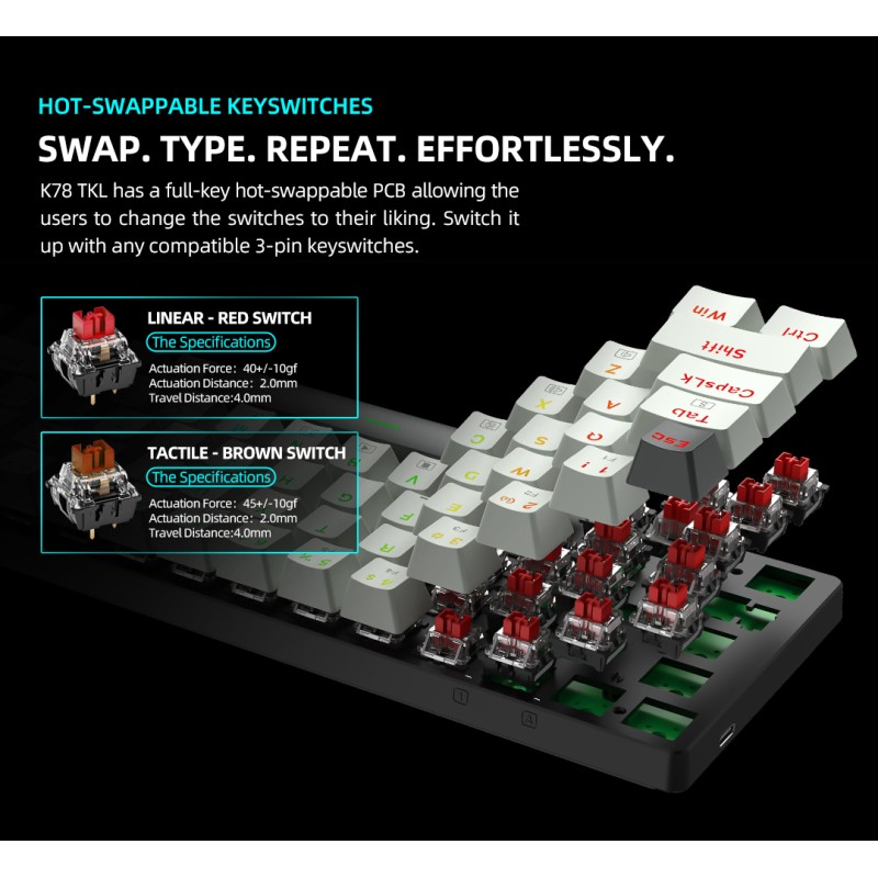 Thunderobot Keyboard - K78R - White Gaming Mechanical Keyboard 78 Red Switch Keys — Buy in Cyprus with Fast Delivery