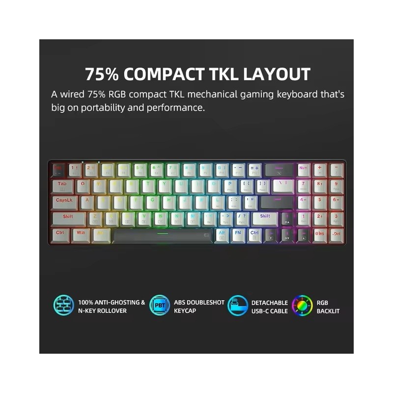Thunderobot Keyboard - K78R - White Gaming Mechanical Keyboard 78 Red Switch Keys — Buy in Cyprus with Fast Delivery