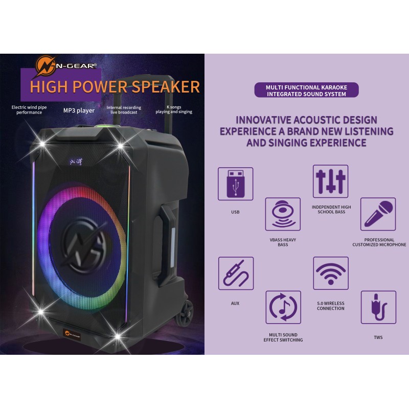 N-Gear Portable Karaoke Speaker - FLASH1240 - 12'' Portable Karaoke Speaker with 1x Wireless Mic LED Lights USB & BT