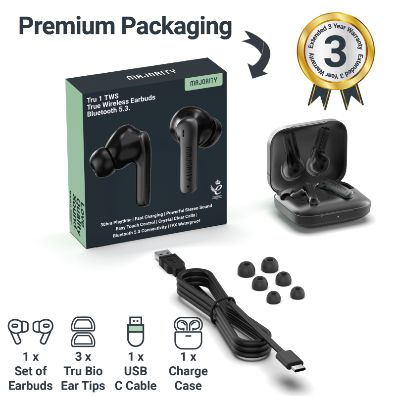 Majority Earphones - TRU-1 - TWS Sports Earphones IPX7 Black — Buy in Cyprus with Fast Delivery