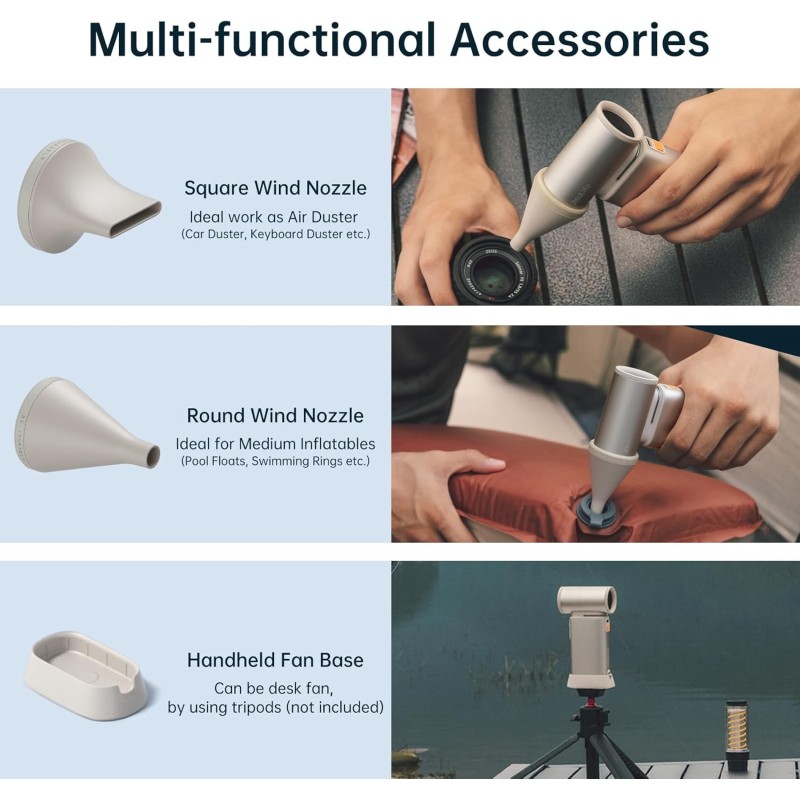 Jisulife Portable Personal Fan - ULTRA 1 - Aluminium Housing, Square & Round Nozzles Included, 75000 RPM, 1-100 Wind