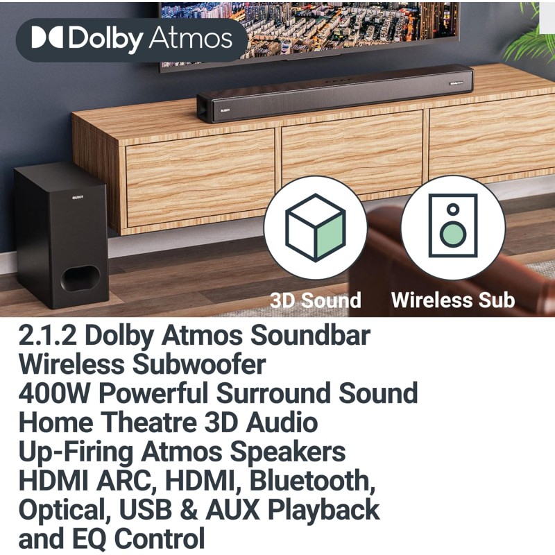 Majority Sierra Plus Soundbar - 400W 2.1.2 Dolby Atmos Wireless Subwoofer 3xHDMI BT-USB (EU)