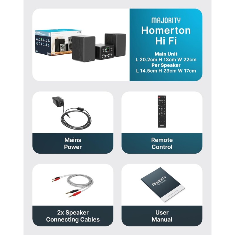 Majority Mini HiFi - HOMERTON - 2xSpeakers CD BT USB FM iRadio 60W Black — Buy in Cyprus with Fast Delivery