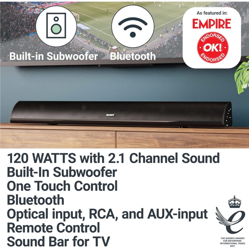 Majority Soundbar - SNOWDON II - 2.1 Soundbar with Built In Subwoofer 120W BT & Optical Black (UK)