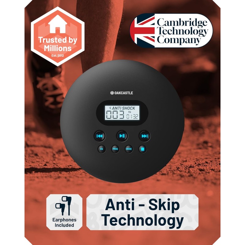 Majority Oakcastle CD Player - CD100 - Portable & USB-C Rechargeable CD Player with Bluetooth incl Free Earphones