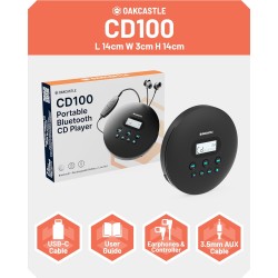 Majority Oakcastle CD Player - CD100 - Portable & USB-C Rechargeable CD Player with Bluetooth incl Free Earphones