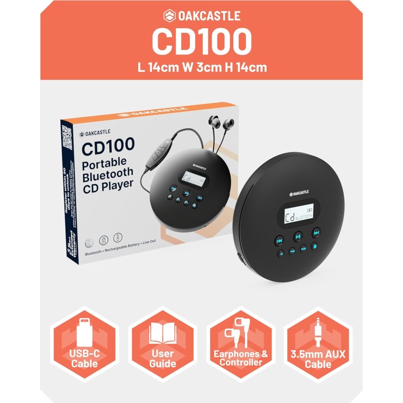 Majority Oakcastle CD Player - CD100 - Portable & USB-C Rechargeable CD Player with Bluetooth incl Free Earphones