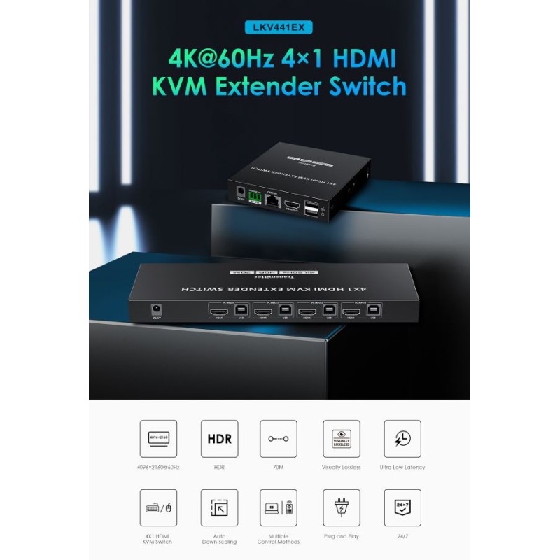 Lenkeng KVM HDMI Extender Switch 4-1 over Ethernet 4K60Hz - LKV441EX - KVM HDMI Extender Switch 4-1 over Ethernet 4K60Hz