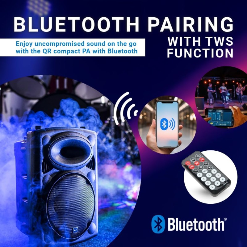QTX 15'' Portable Karaoke & PA Speaker - QR15PA - 2x Wireless Microphones, Bluetooth USB & FM 178.848UK