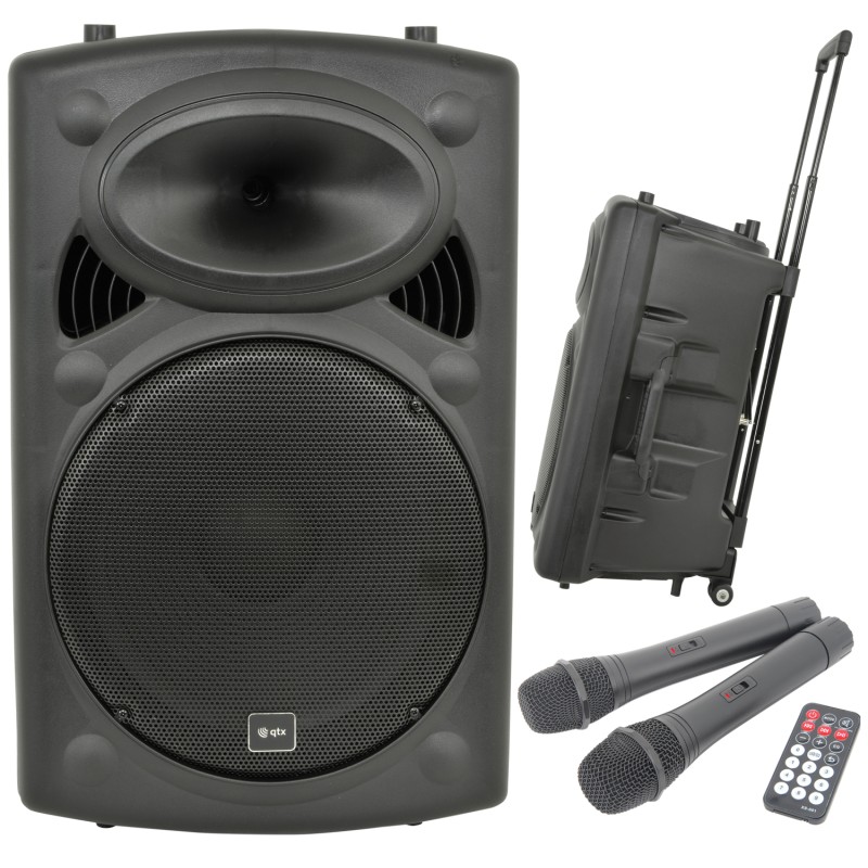 QTX 15'' Portable Karaoke & PA Speaker - QR15PA - 2x Wireless Microphones, Bluetooth USB & FM 178.848UK