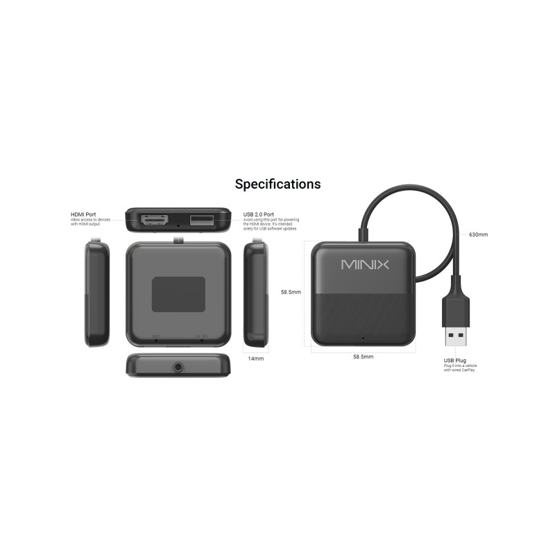 MINIX Car Media Hub - CA361 Plus - Wired to Wireless CarPlay Android Auto HDMI-IN USB Media Hub