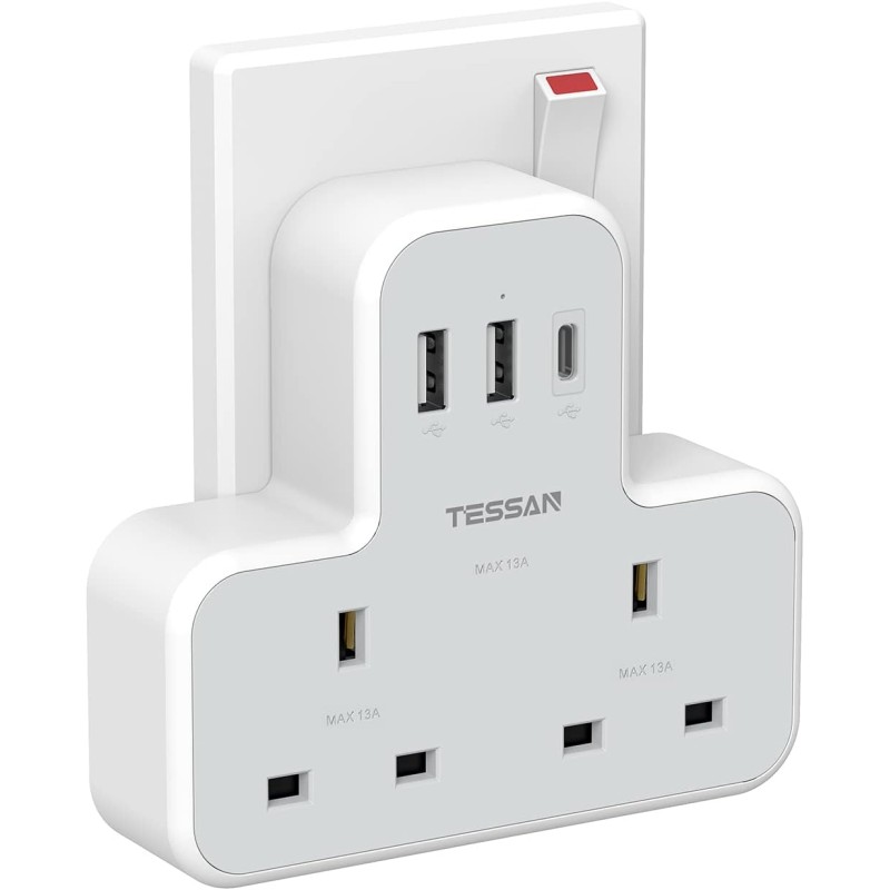 Tessan 2-Gang plug Through UK Charger 2 USB A USB C 13A - TS-221-C - 2 USB A USB C 13A — Buy in Cyprus with Fast Delivery