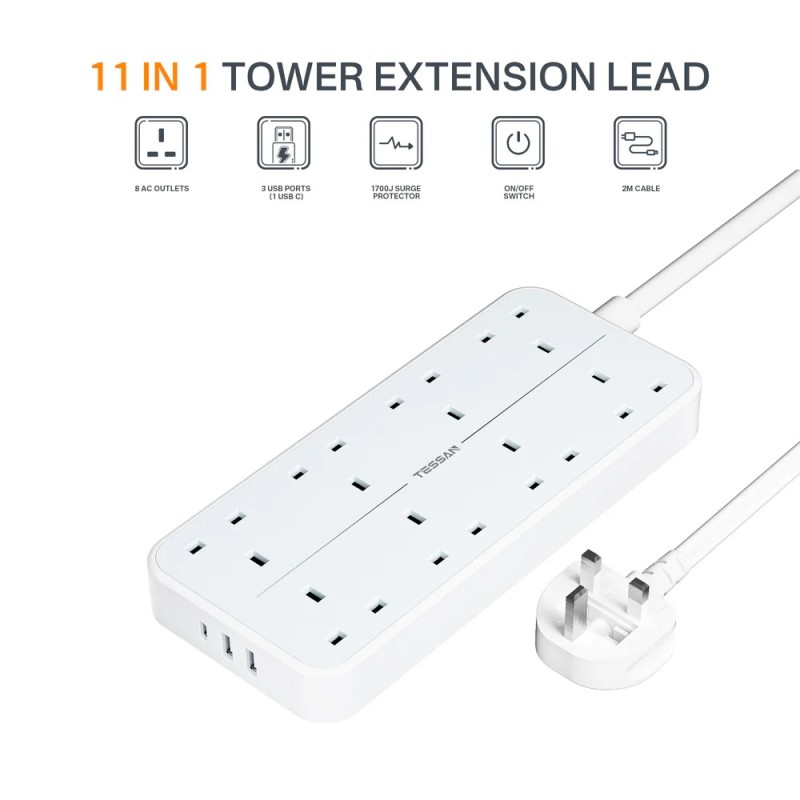 Tessan 8-Gang Extension - TS-204-C - 2 USB-A USB C 2m 13A — Buy in Cyprus with Fast Delivery