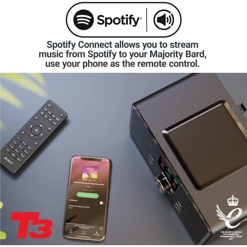 Majority BARD 2.1 Mini HiFi - 4'' Speakers, 5'' Sub, FM, USB, Aux, Spotify, BT, Alarm - Black