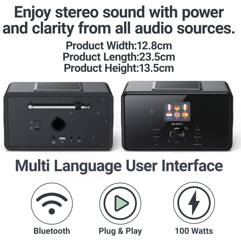 Majority BARD 2.1 Mini HiFi - 4'' Speakers, 5'' Sub, FM, USB, Aux, Spotify, BT, Alarm - Black