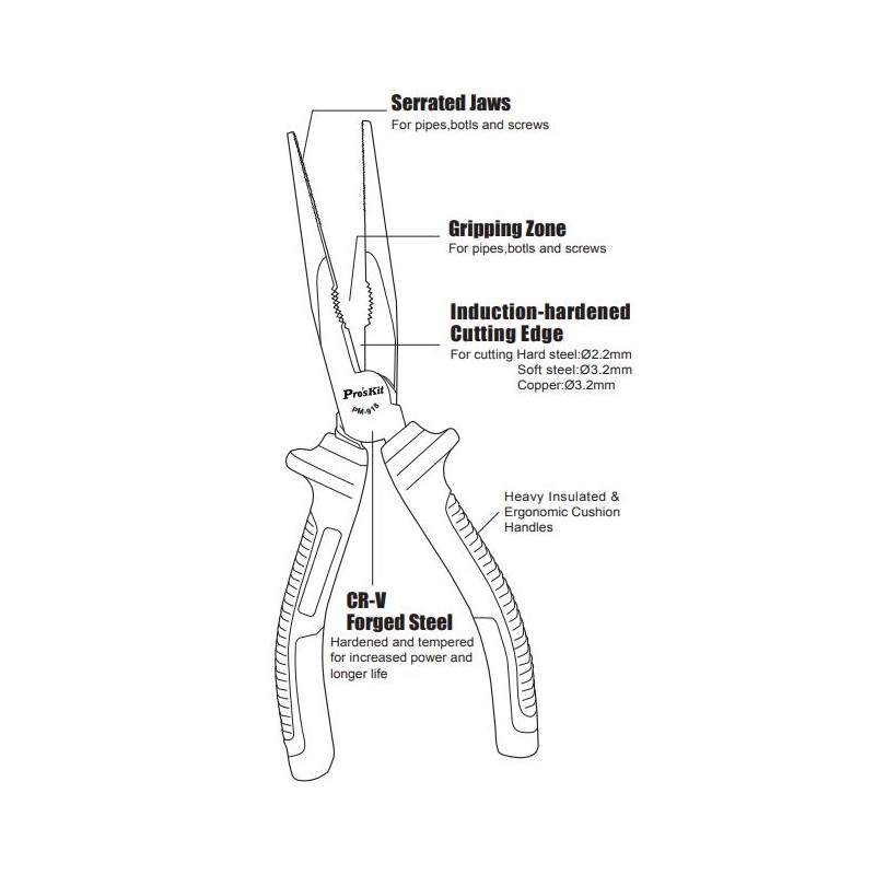 Proskit Pliers - PM-918 - Insulated Long Nose 200mm — Buy in Cyprus with Fast Delivery