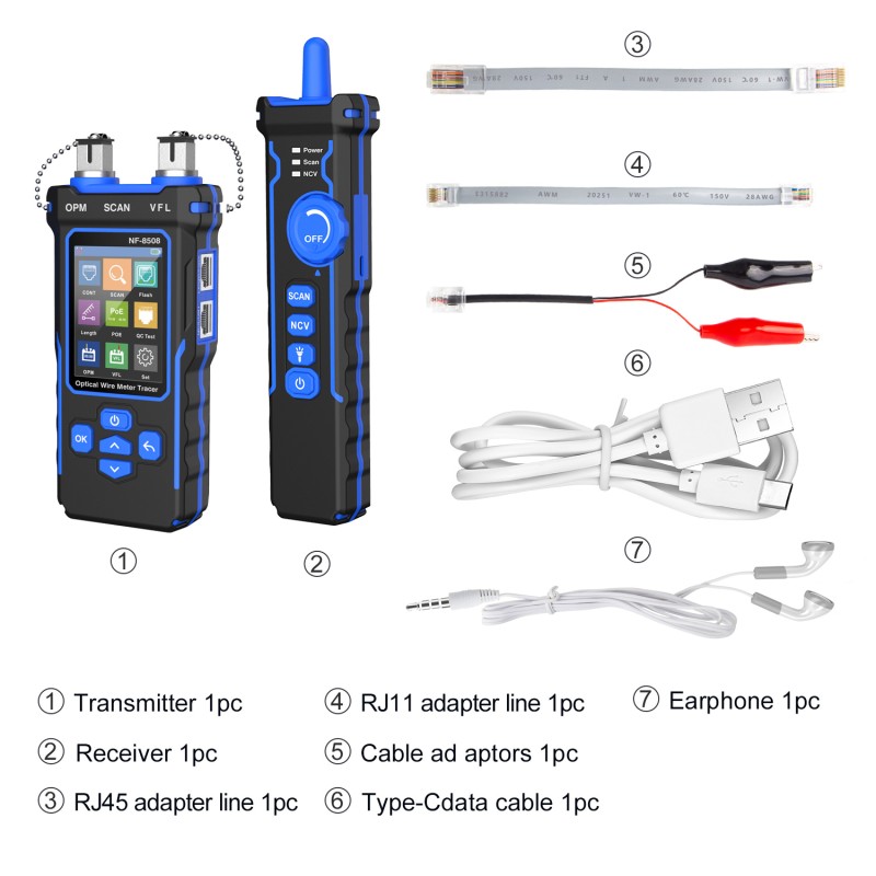 Noyafa Multi-Function Cable Tester - NF-8508 - RJ11, RJ45, PoE, Fiber Optic OPM VFL, NCV & Cable Length Measurement
